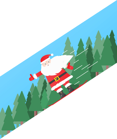 Santa Clause Snowboarder Sliding Down Hill, Merry Christmas Banner Snowboarding Snow Mountains Slopes Happy New Year Card Flat Vector Illustrationのイラスト素材