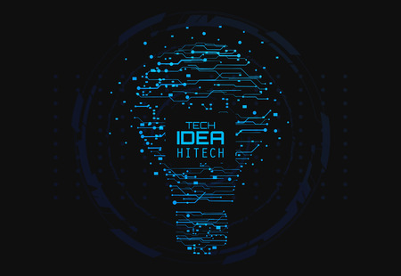 Blue silhouette icon of a light bulb in form of printed circuit board, flat style illustrationの写真素材