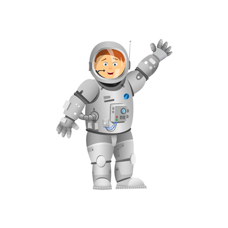 Astronaut rejoices. Astronaft with his hand raised. Vector illustration.の写真素材