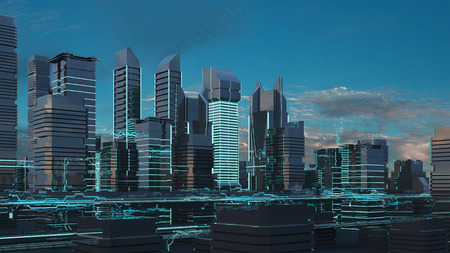 Futuristic skyscrapers in the flow. The flow of digital data. city of the future. 3D illustration. 3D renderingの写真素材