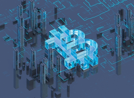 3D illustration of bitcoin symbol rising from modern city on the waterfrontの写真素材