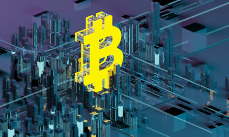 Business city bitcoin 3D illustration of bitcoin symbol rising from modern city on the waterfront Futuristic skyscrapers in the flow of information The flow of digital data city of the future 3d render 3D illustration.の写真素材