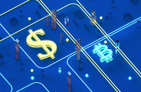 The dollar sign in yellow on the surface. Bitcoin blue on background. Business strategy. 3D illustration. Renderの写真素材