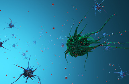 The study of biological virus under an electron microscope Virus cells under a microscope. 3D render. Bacteria. Disease. 3D illustration Renderingの写真素材