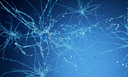 Conceptual illustration of neuron cells with glowing link knots in abstract dark space, high resolution 3D illustration 3d render 3d illustrationの写真素材