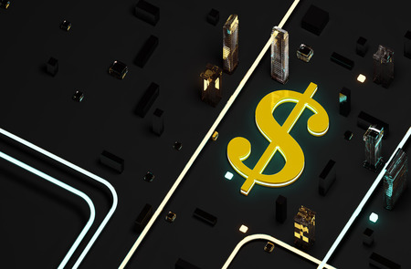 The icon of the dollar on the glass surface. The mirror surface. Glare and reflections. Skyscrapers and business centers. Business strategy. 3D illustration. Renderの写真素材