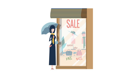 Girl with umbrella and raincoat. Showcase mannequins in clothes. Seasonal discounts and special offers. Flat style illustration. Character girl EPS10のイラスト素材