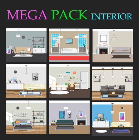 Great collection of interiors. Interior design. Interiors for animation. Living room, hallway, bedroom and hall. Vector illustration.のイラスト素材