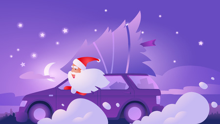 Santa Claus is driving car. Delivery of gifts. Tree in the trunk. The new year atmosphere. Christmas night.のイラスト素材