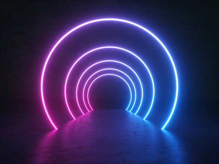Abstract Gradient Blue Purple Pink Neon Glowing Circle Round Shape Tubes On Reflection Concrete Floor Dark Copyspace. 3D Rendering Illustration. Sci-Fi Futuristicの写真素材