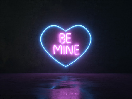 Neon lights on a concrete wall background. Neon heart with an inscription. Be mine. With love. 3D render-illustration. Street neon lightsの写真素材