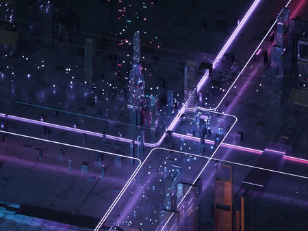 Futuristic city of glass and metal. Retro style of the 80s. Neon light. Transmission of digital...