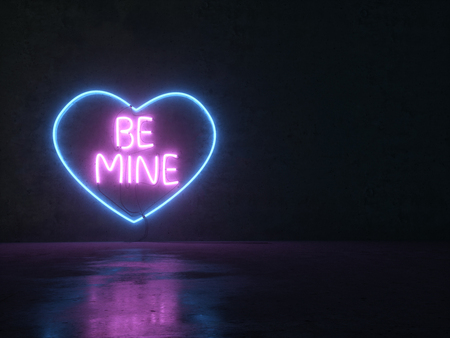 Neon lights on a concrete wall background. Neon heart with an inscription. Be mine. With love. 3D render-illustration. Street neon lightsの写真素材