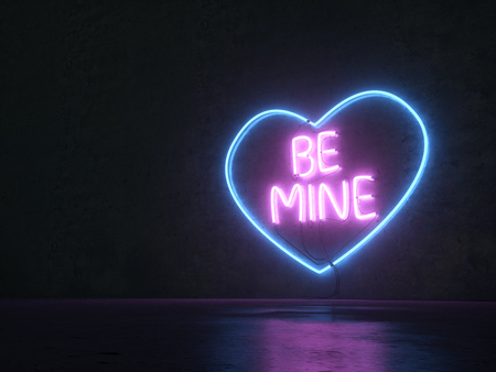 Neon lights on a concrete wall background. Neon heart with an inscription. Be mine. With love. 3D render-illustration. Street neon lightsの写真素材