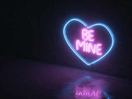 Neon lights on a concrete wall background. Neon heart with an inscription. Be mine. With love. 3D render-illustration. Street neon lightsの写真素材