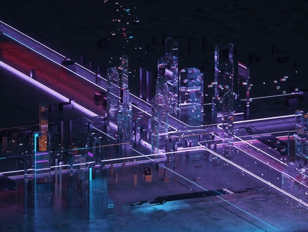 Futuristic city of glass and metal. Retro style of the 80s. Neon light. Transmission of digital...