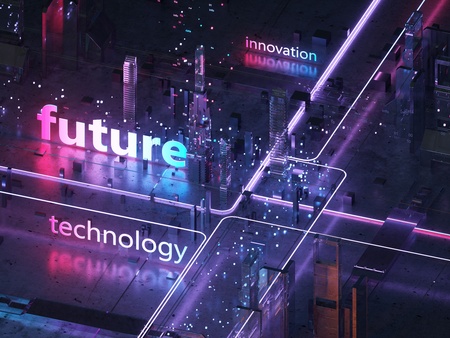 Futuristic city of glass and metal. Retro style of the 80s. Neon light. Transmission of digital...