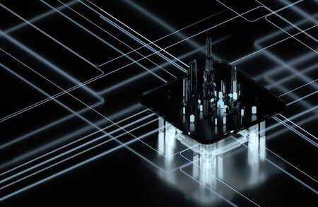 Futuristic city on a dark background. Future city neon light. 3d model of the hologram of the city....