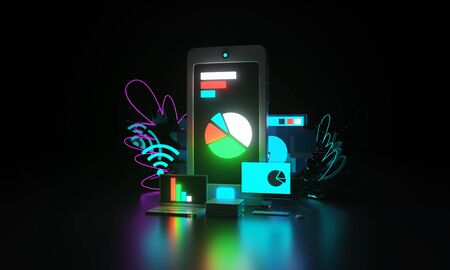 Isometric view. Business and finance, icons on a dark background. Market order. Web page,...