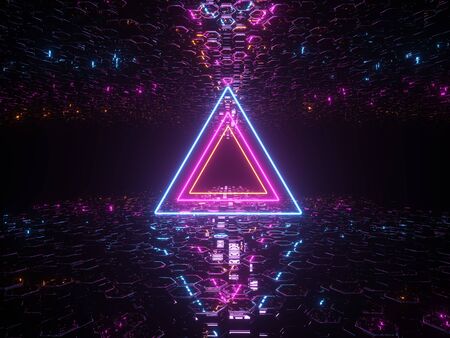 Futuristic Sci Fi Dark Empty Triangle Interior. Corridor With Blue And Purple Neon Lights. Reflected Technology Concept Neon. 3d rendering .3D illustrationの写真素材