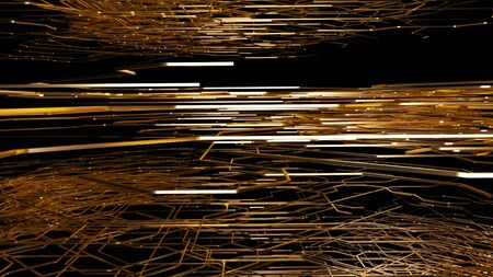 3D Art Deco seamless vintage wallpaper pattern. Golden lines on a black background. Glare and bokeh on gold. Focal image of gold. Geometric decorative background. 3D rendering. 3D illustration.の写真素材