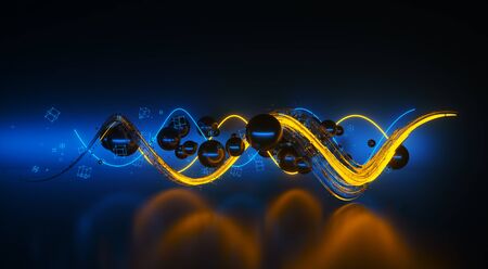 Waves in space. Futuristic background with particles and luminous lines. Low poly mountain object....