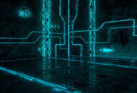 Empty background scene. sci-fi or science concept Rays neon light in the dark. Abstract dark background. Futuristic Empty glass Room Blue Neon Glowing 3D Rendering Illustration.の写真素材