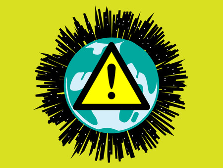 Abstract planet with building silhouettes around and danger sign inside - vector fileのイラスト素材