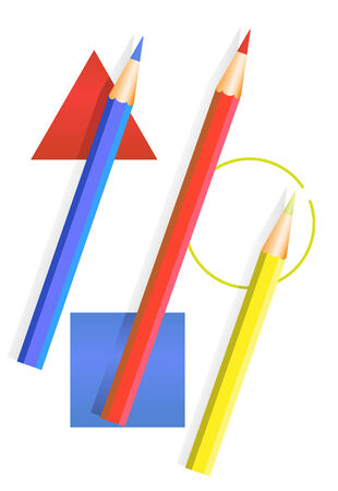 Three colored pencils lay on paper with geometrical figuresのイラスト素材