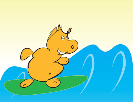funny smiling cartoon hippo surfing のイラスト素材
