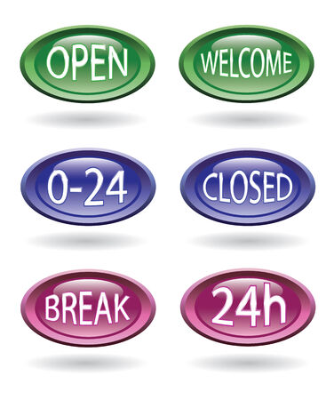 Set of shop or store signs - open, close, welcome, 24hours.のイラスト素材