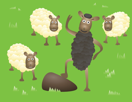 Smiling Blacksheep stands and greetings between usual and sad sheeps. Abstract humorous image.のイラスト素材