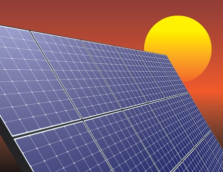 Solar energy panel over sunrise sky. Innovative technology illustration.のイラスト素材