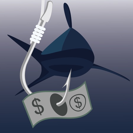 money bank note on fishing hook with shark on backgroundのイラスト素材