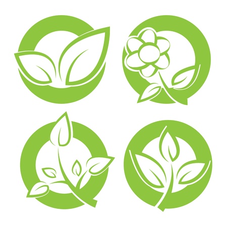Set of green leaves round stickers. Vector illustration.のイラスト素材
