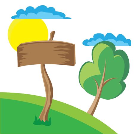 Wooden board sign with clouds, sun and tree. Vector illustration.のイラスト素材