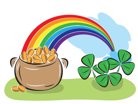 St. Patrick Day pot with coins, rainbow and shamrocks. Vector illustration.のイラスト素材