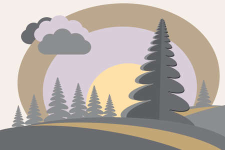 Fir-tree on hills sun clouds cartoon style のイラスト素材
