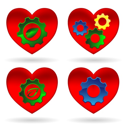 Set of hearts with gears, green leaves illustration.のイラスト素材