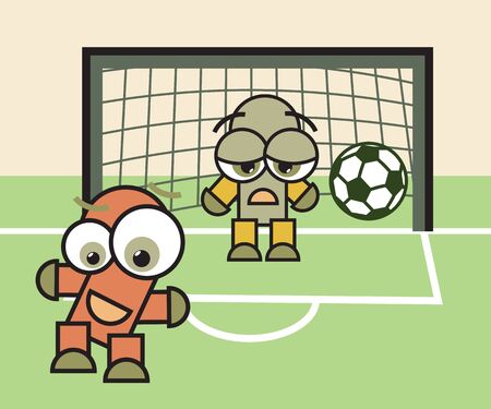 Football (soccer) game match. Happy forwarder and sad goalkeeper cartoon characters with ball illustration. のイラスト素材