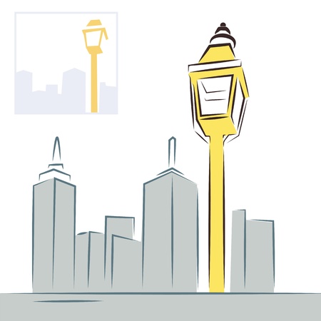 Retro street lantern with modern city building silhouettes skyline vector illustration.のイラスト素材