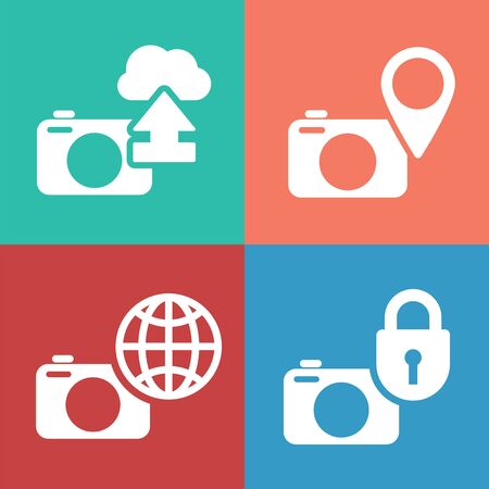 Digital camera icon set. Secured cloud image storage conceptのイラスト素材