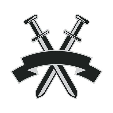 crossed swords with text ribbon flat abstract vector illustration isolated on whiteのイラスト素材