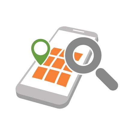 mobile phone with geo map marking and magnifying glass as gps location searching symbol abstract vector illustration isolated on whiteのイラスト素材