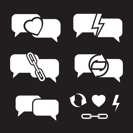 bright speech bubbles on dark background with heart, chains, lightning and circled arrows as communication abstract vector illustration setのイラスト素材