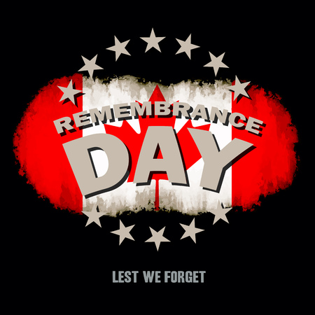 Grunge canadian flag on dark background with Remembrance Day and Lest we forget text memorial vector illustrationのイラスト素材