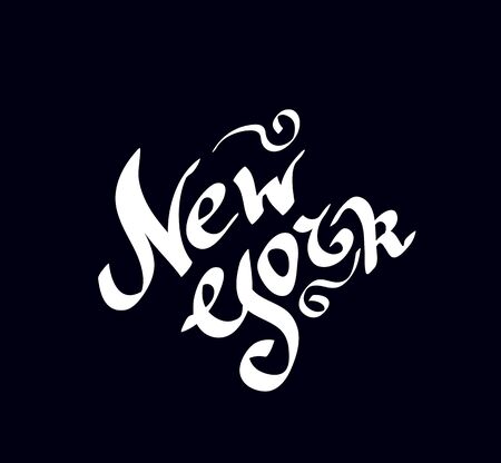 New York hand drawn bright text on dark background. NY City lettering. Calligraphy vector illustration of New York city words for label, t-shirt, print, badge.のイラスト素材