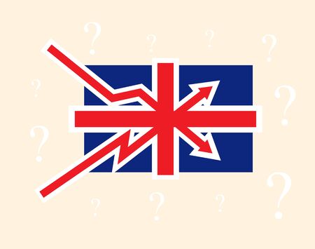 Breaking up and down trends as British flag Great Britain political economical crisis symbol with question mark on background. Vector concept illustration.のイラスト素材