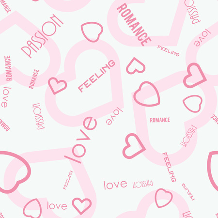 Heart symbols with love passion feeling text seamless pattern. Vector illustration. Decorative festive background template.のイラスト素材