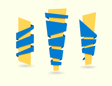 Original ribbon set. Vector illustration. Ribbons banners blue yellow design elements collection. Flat style stripes.のイラスト素材